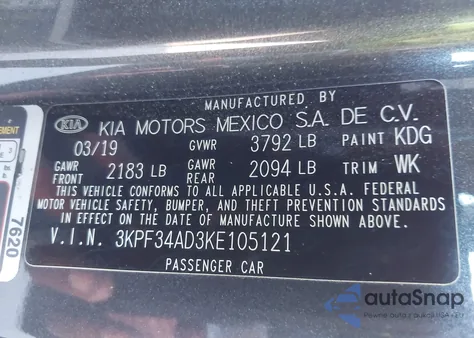 2019 Kia Forte S из США, поврежденный, VIN 3KPF34AD3KE105121